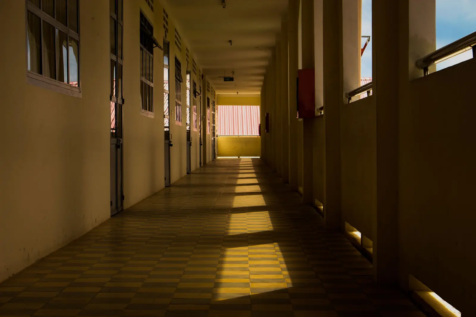 A sunlit school corridor